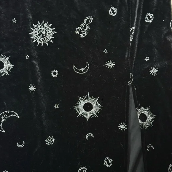 Witchy Celestial Velvet Midi Skirt Moon Sun Astrology Whimsical Slit Small Black - Picture 3 of 6